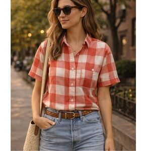 Vintage Americana Evan Picone Jrs. Red Orange White Plaid Button Down Shirt S